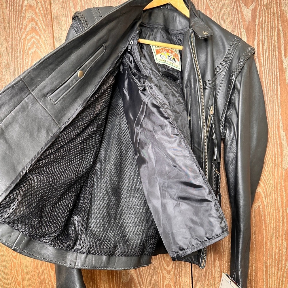 VTG NOS Western Cowboy Woven Trim Black Leather Bikercore Mens Small Streetwear - Picture 13 of 16